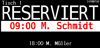 ePaper Display zeigt roten Status für reservierten Tisch mit Uhrzeit und Personenzahl